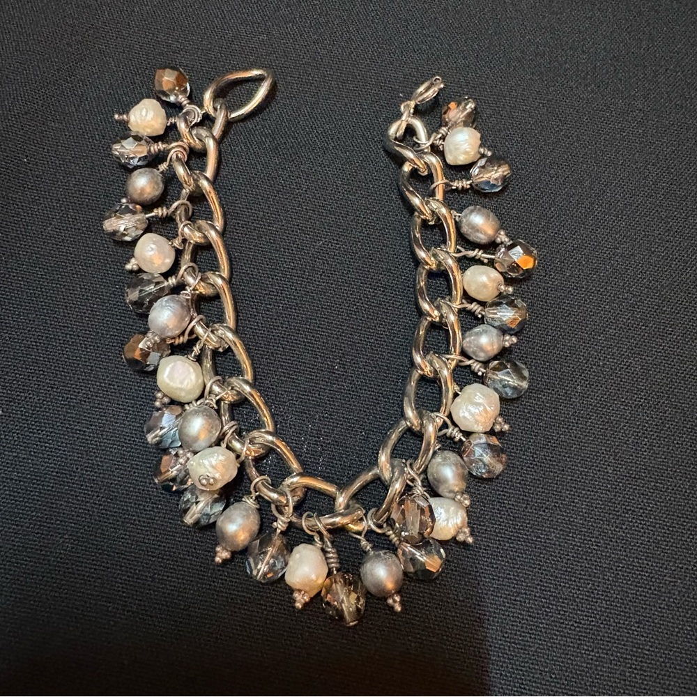 Chunky Sterling Silver & Pearl Charm Bracelet